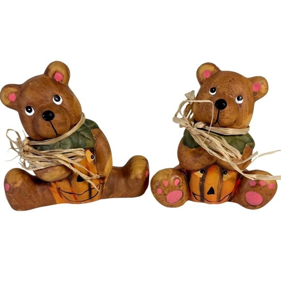 Kitschy 70s Halloween Pumpkin Bear Figurines Rustic Style Hand Painted Ceramic - Picture 1 of 16